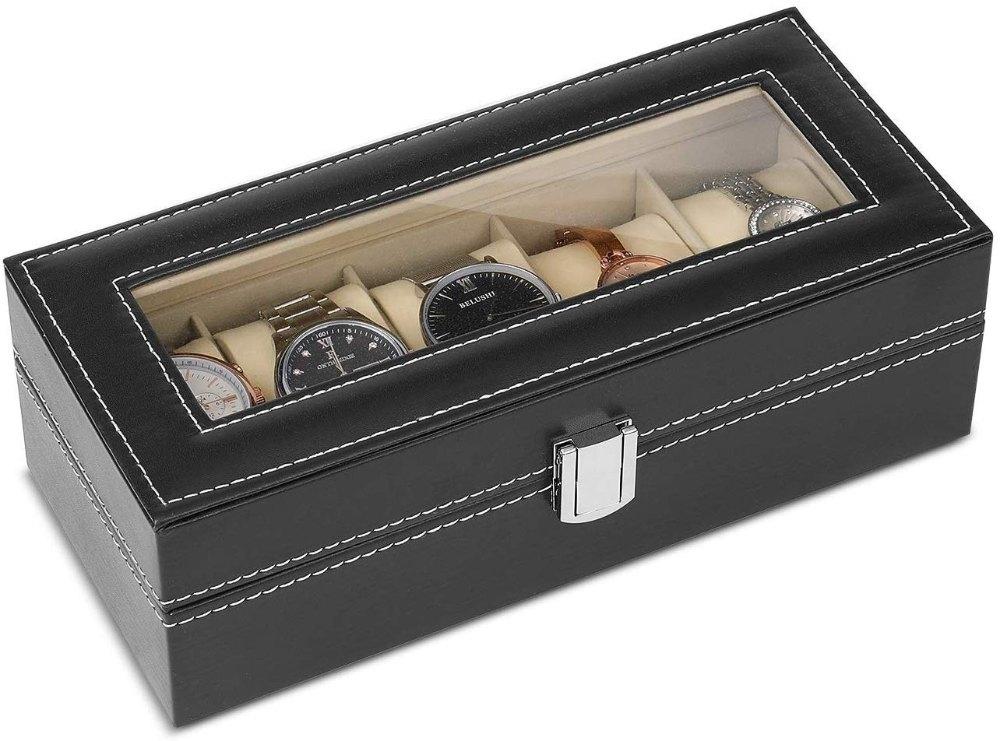 Watchbox Klockbox för 5 st klockor svart med vit söm och fönster