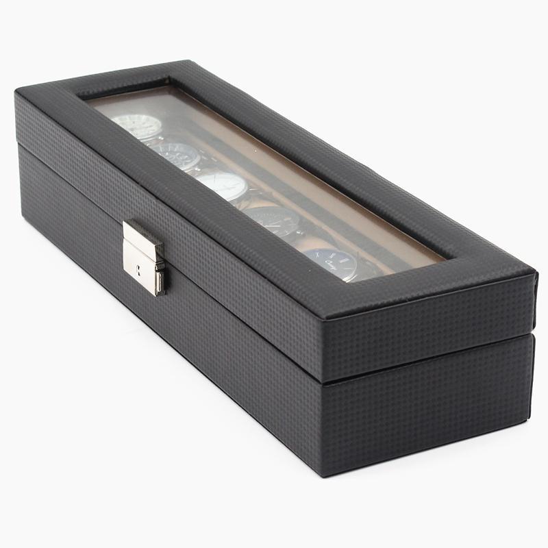 Klockbox 6 klockor - Lyxmodell i svart carbon med ljusbrun insida