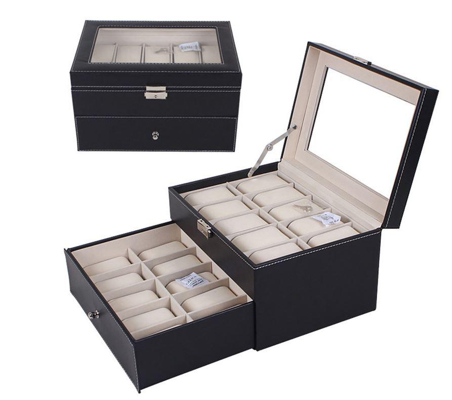 Watchbox Klockbox för 20 st klockor svart - vit söm och fönster