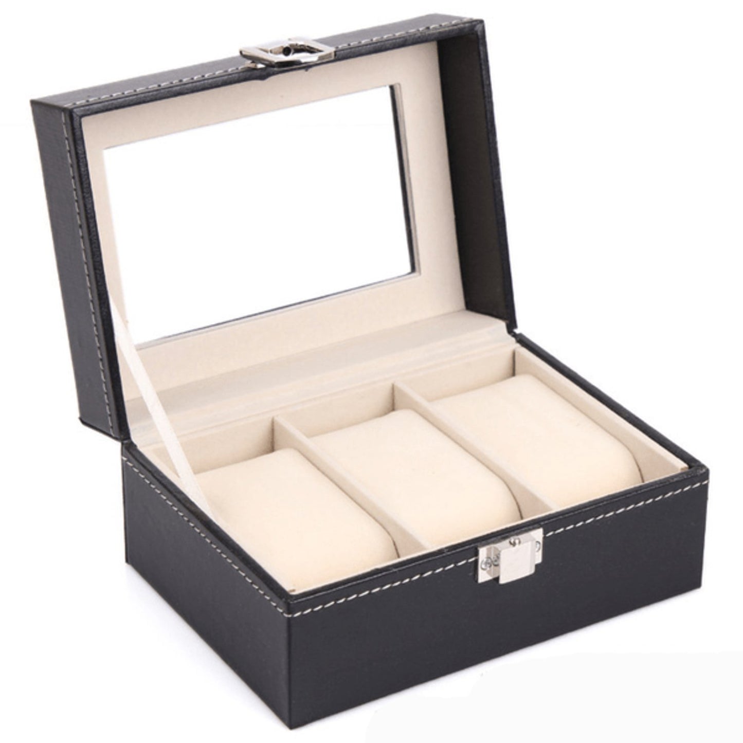Watchbox Klockbox för 3 st klockor svart med vit söm och fönster