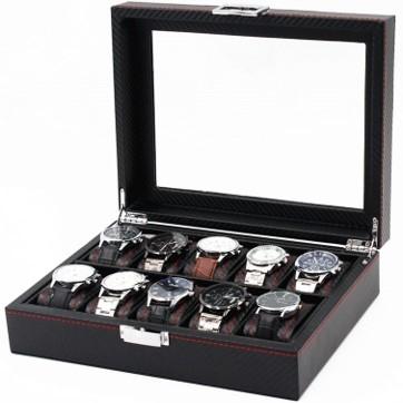 10 klockors klockbox - Lyxmodell i svart carbon med röd söm