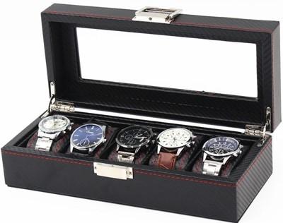 5 klockors klockbox - Lyxmodell i svart carbon med röd söm