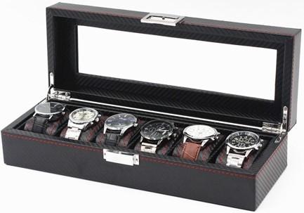 6 klockors klockbox - Lyxmodell i svart carbon med röd söm