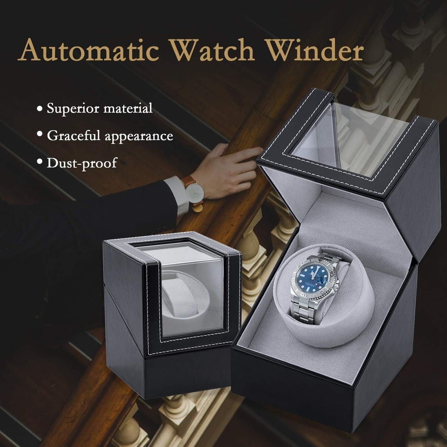 Singel Watch Winder - Svart med vit söm