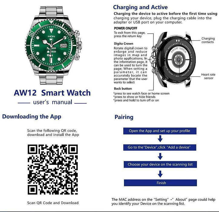 Smart watch / Träningsklocka AW12 Blå med guldfärgade inslag