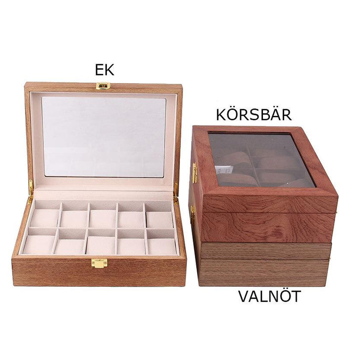 Klockbox 10 klockor Trä -Valnöt, Körsbär eller Ek
