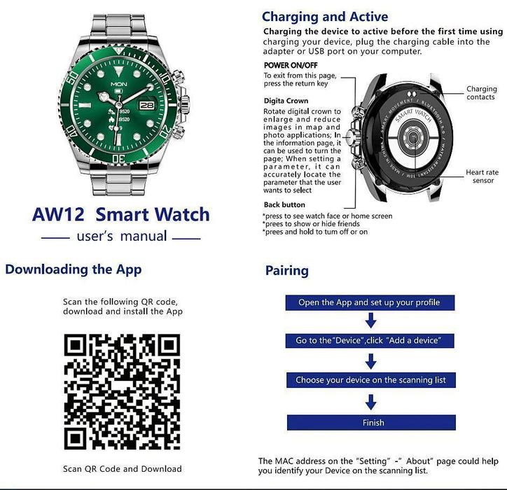 Smart watch / Träningsklocka AW12 Svart med guldfärgade inslag