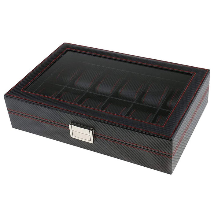 12 klockors klockbox - Lyxmodell i svart carbon med röd söm