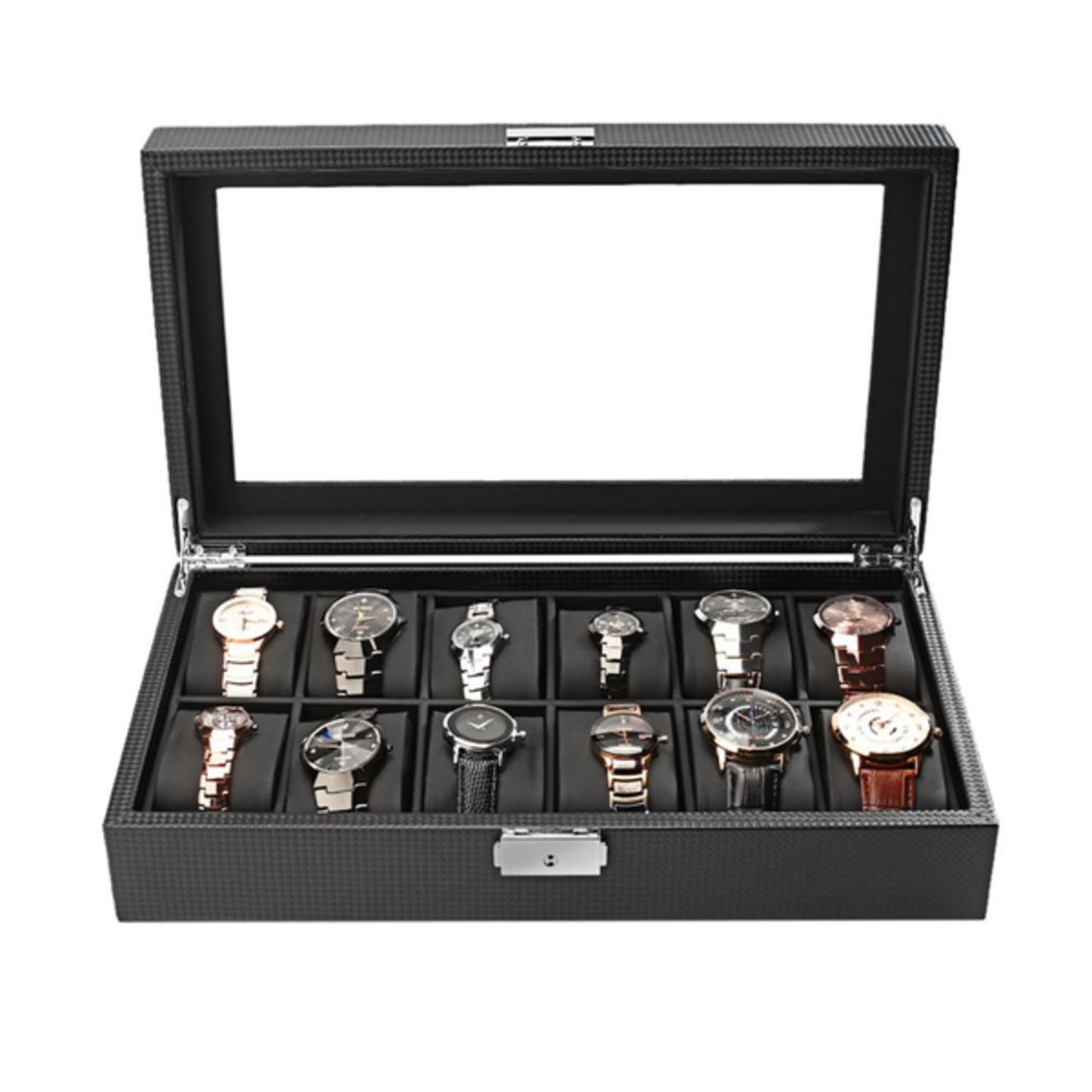 Watchbox / Klockbox 12 klockor Carbon Lyxmodell i svart CW012