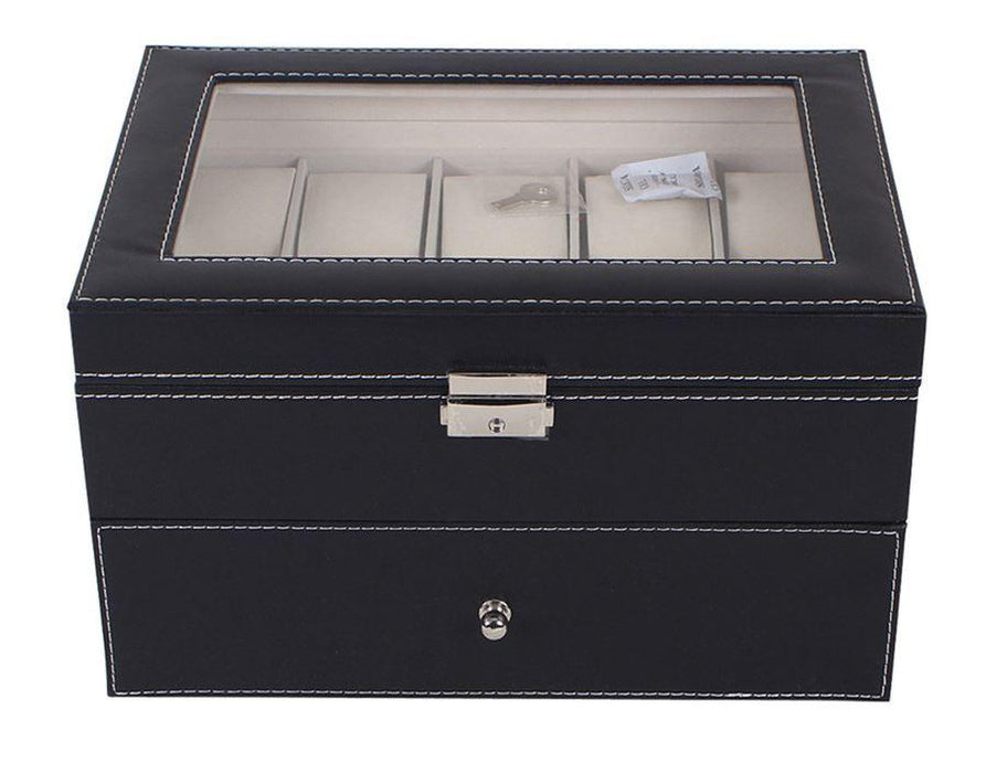 Watchbox Klockbox för 20 st klockor svart - vit söm och fönster